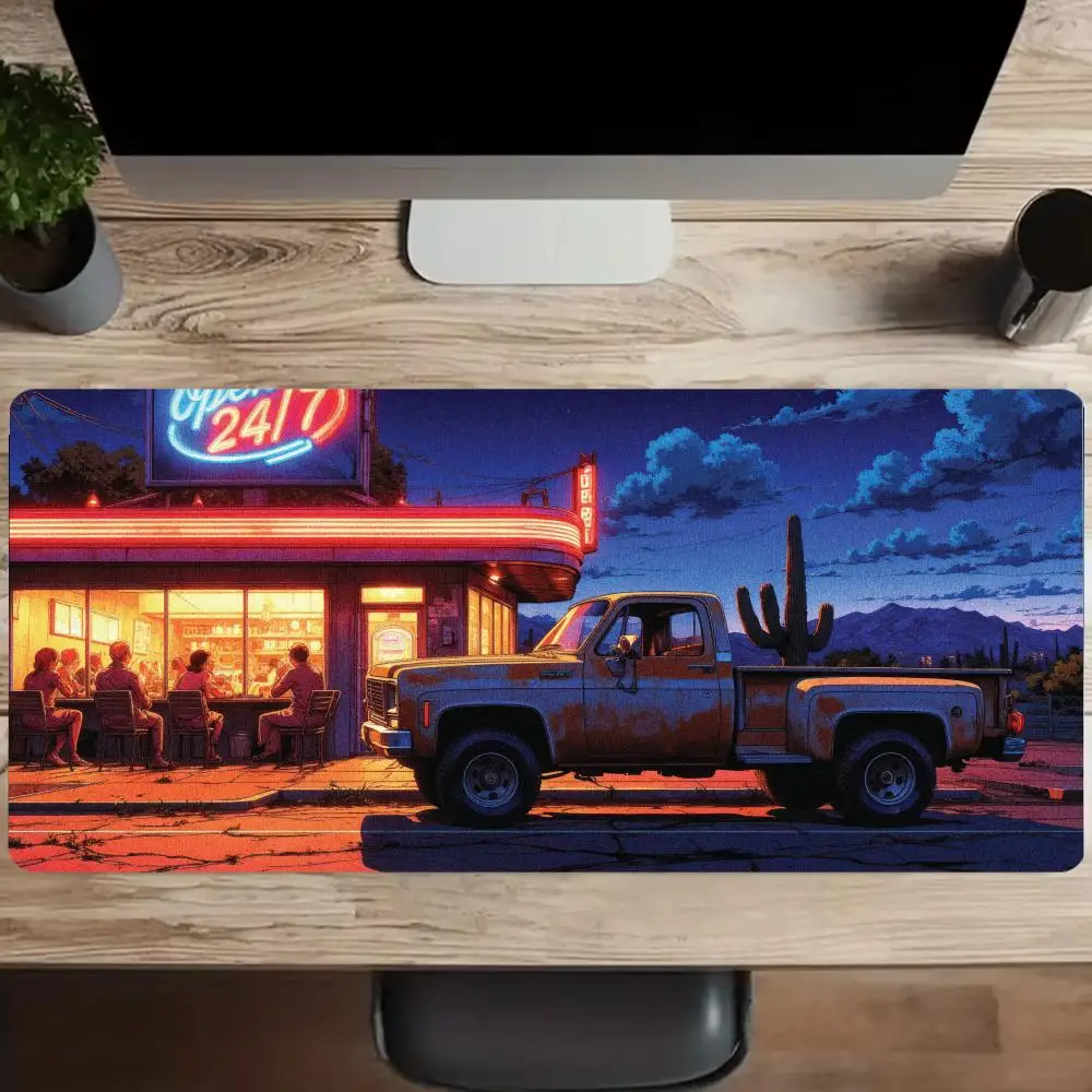 Retro Neon Restaurant Pickup Truck Mousepad Pc Gaming Mouse Pads Desk Accessories Desk Mats Office Decor Carpet Big Mousepepad