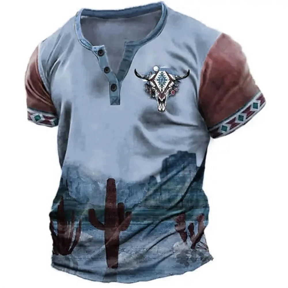 Mens Shirt Henley T Shirt Shirt V Neck Tribal Printed Tops Vintage Oversized Button T Shirt Men\'s Harajuku Clothing Streetwear