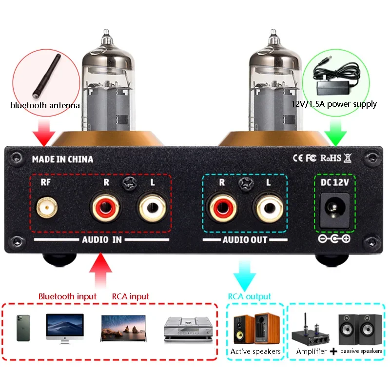 Multi-function Tube Preamplifier GE5654 Tube Bluetooth 5.0 U Disk TF Card Input HIFI Music Turntable Infrared Remote Control