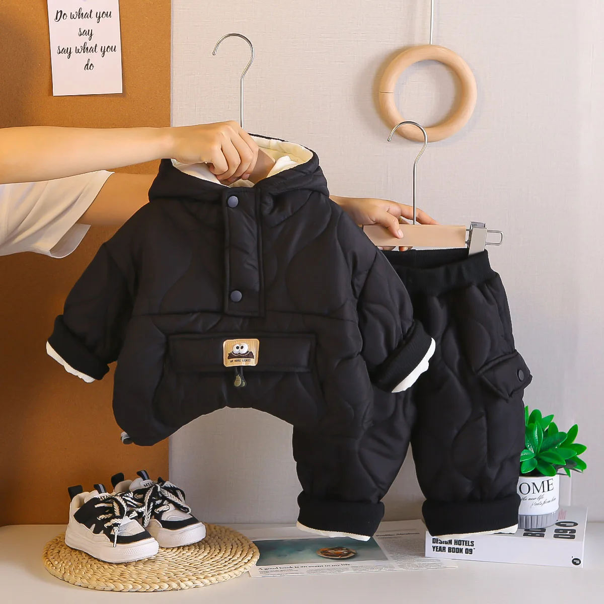 Winter Boys Quilted Jacket Set Warm Hooded Cotton Padded Coat + Pants 2-Piece Outfit for Kids Thickened Fleece Lined Casual
