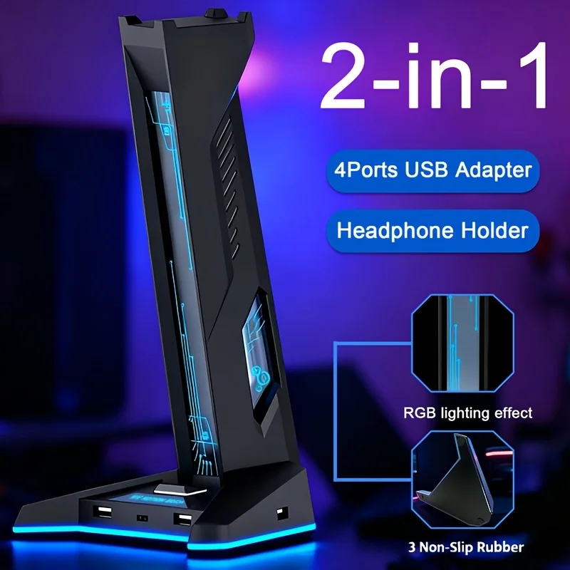 2 IN 1 USB Hub RGB Gaming Headphone Stand,  3 USB-A and 1 Type-C Port, Multi-Color Light Anti-Slip Base for PC Gamer Desk Decor