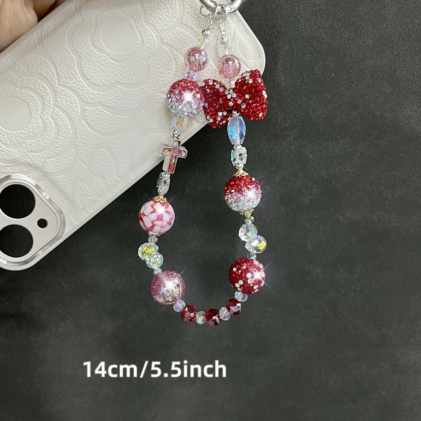 Red Diamond Ball Bow Phone Chain Shining Red and White Crystal Phone Accessories Hanging Chain Phone Charm Gift for Her