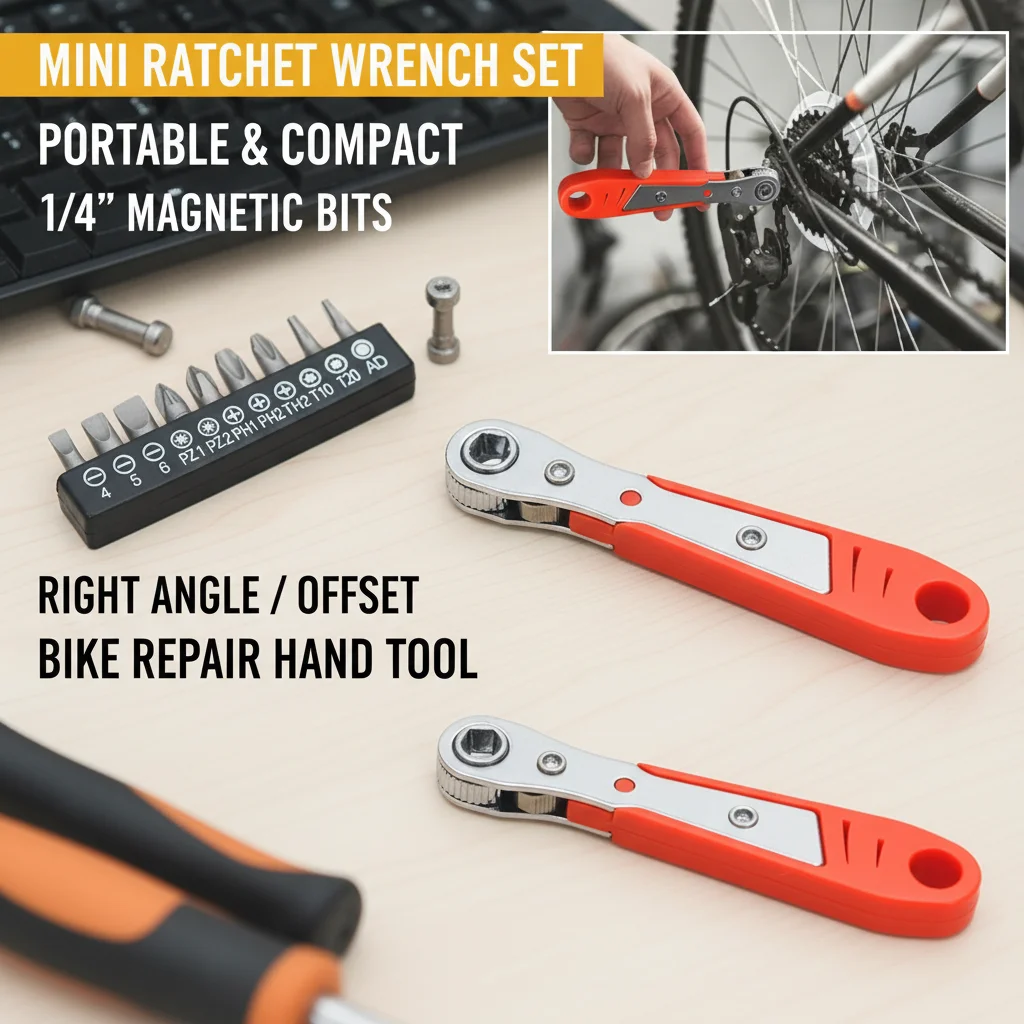Mini Ratchet Wrench Set Portable 1/4 Magnetic Screwdriver Bit Set Right Angle Offset Wrench Bike Repair Hand Tool Kit