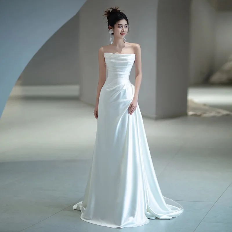 

2026 Women's Satin Sexy Strapless Light Wedding Dress Evening Gown Fashionable Slimming Waist Fish Tail Skirt Elegant Long Dress