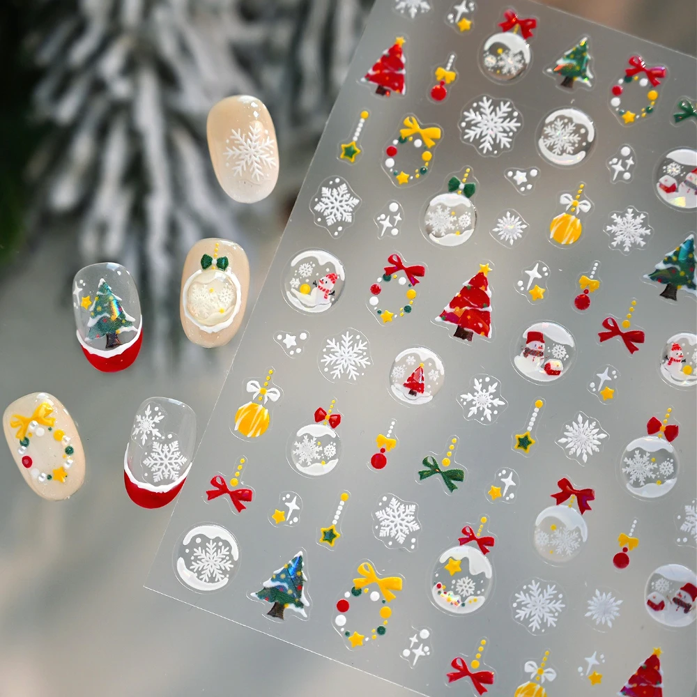 

Cute Cartoon Snowman Snowball Christmas Tree Bowknot Wreath Snowflake 5D Embossed Nail Art Stickers Xmas Lovely Manicure Decals