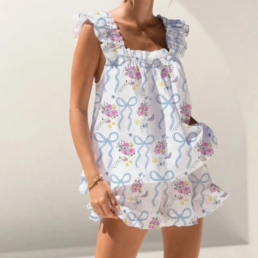 Women's Summer Pajamas Set Loose Fit Bow Print Ruffled Trim Sleeveless Tops and Shorts Lounge Wear 2 Pcs Set