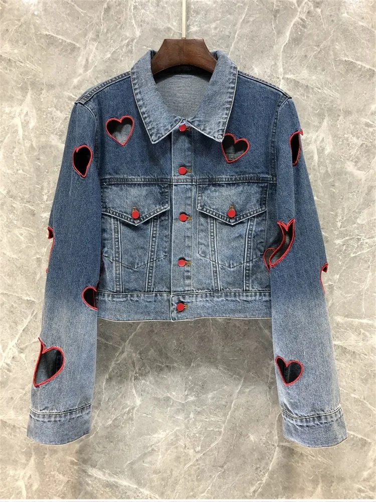 

Love hollowed out denim jacket y2k temperament high street scooped out love red edge embroidery short women's jacket 2024 new