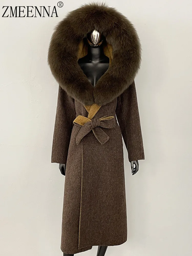 

ZMEENNA Elegant Long Dark Brown Coat For Women With Faux Fur Hood Stylish And Warm Winter Outerwear Tie Belt ZM4093