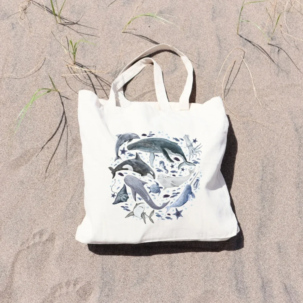 Custom Bridesmaid Hand Gifts,Custom Watercolor Ocean Animals Whales Aesthetic Canvas Bag,Surf Beach Swimming Ocean Love Tote Bag