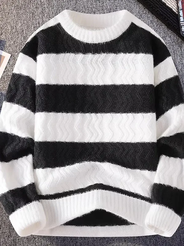 

Men's Thiened Warm Striped round Ne Knitwear Casual Versatile Loose Fit Winter Sweater for High School Students