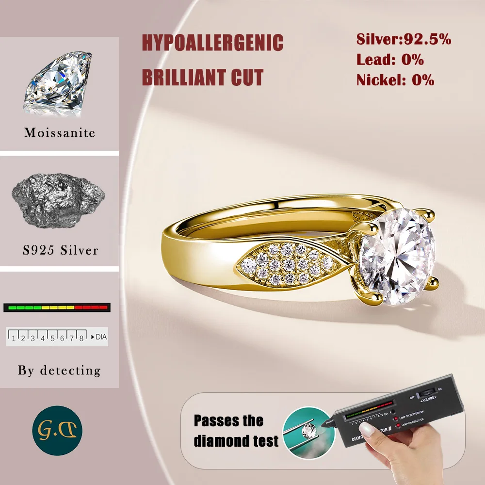 خاتم مويسانيتي 2.2 قيراط 925 فضة استرليني 18 قيراط مطلي بالذهب تمهيد لهجة فاخرة متألقة هدية خطوبة #4