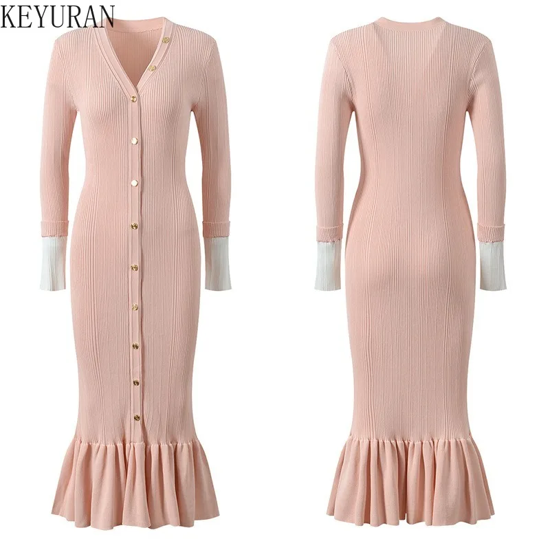 Autumn Korean Knitted Maxi Dress Women V Neck Long Sleelve Single Breasted Bodycon Dresses Office Lady Elegant Party Vestidos