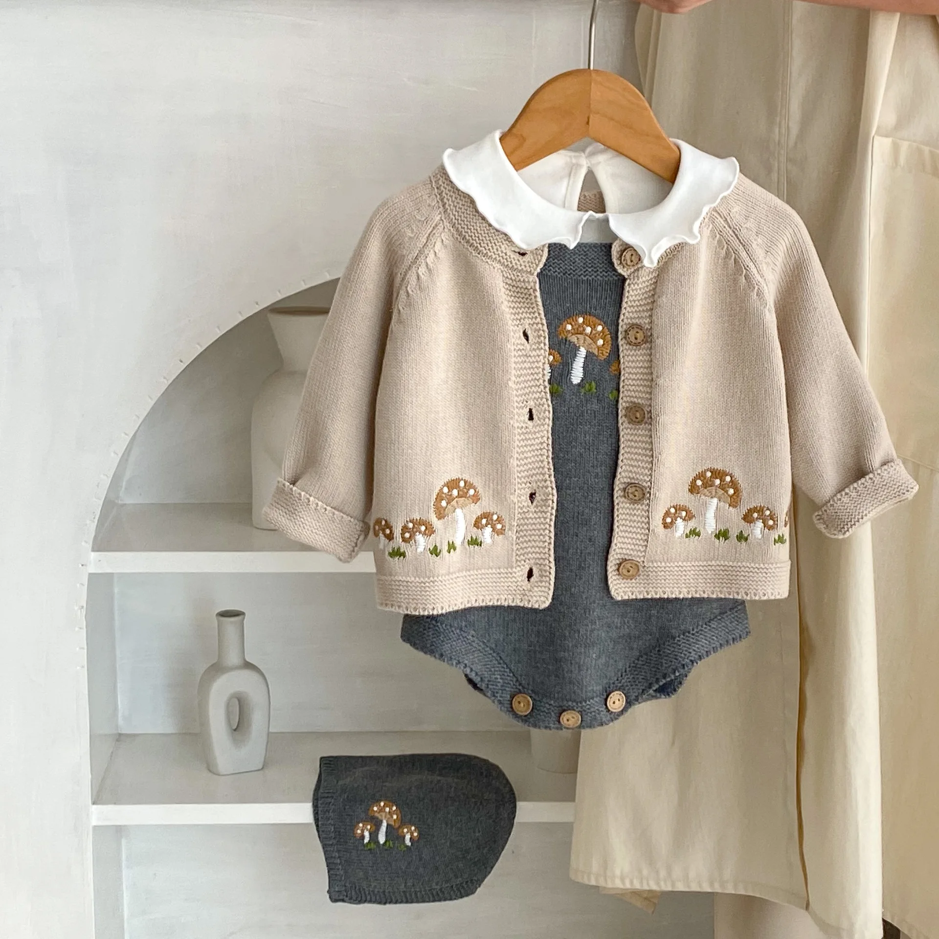 2024 Autumn New Baby Long Sleeve Sweater Coat Mushroom Embroidery Infant Boy Girl Knitted Cardigan Toddler Casual Knitwear Coat