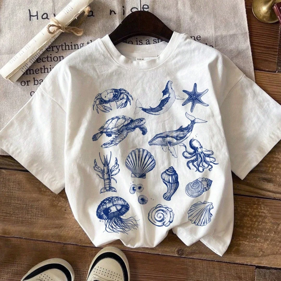 Casual simple cartoon marine life print T-shirt Casual versatile short-sleeved round neck T-shirt suitable for kids in summer