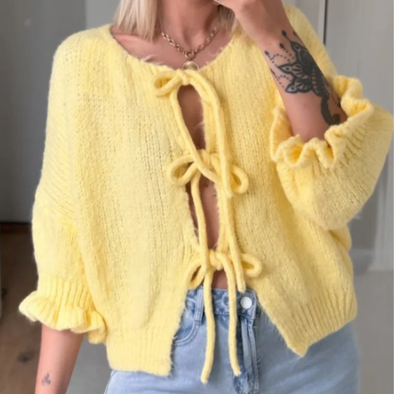 O Neck Lace-Up Patchwork Loungewear Tops, Women Autumn Winter Three Quarter Sleeve Fashion Sweaters, 2024 Solid Loose Cardigan