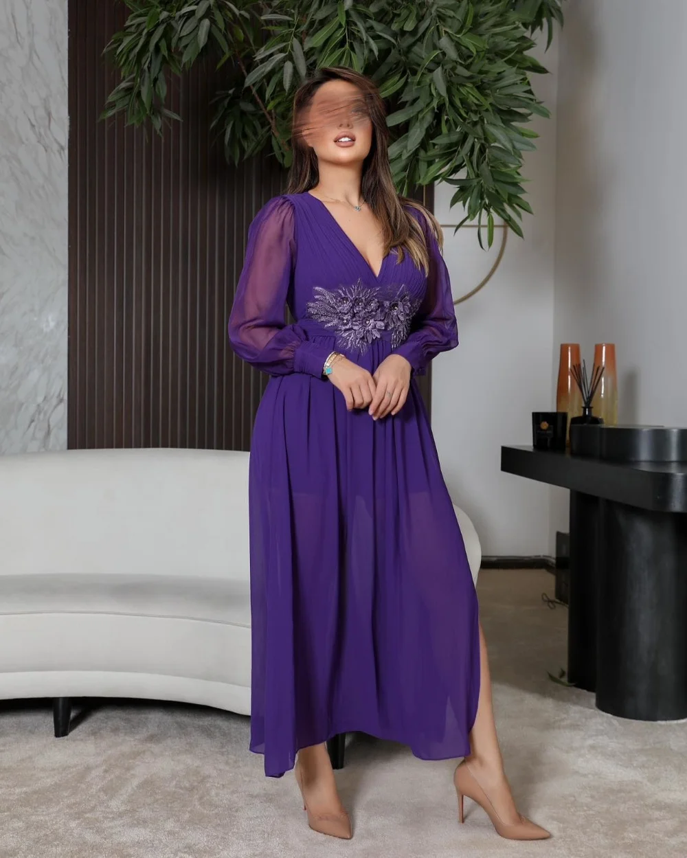 

Customized Chiffon Applique V-neck A-line Midi Dresses Bespoke Occasion Evening Party Gown Classic Elegant Sizes Available