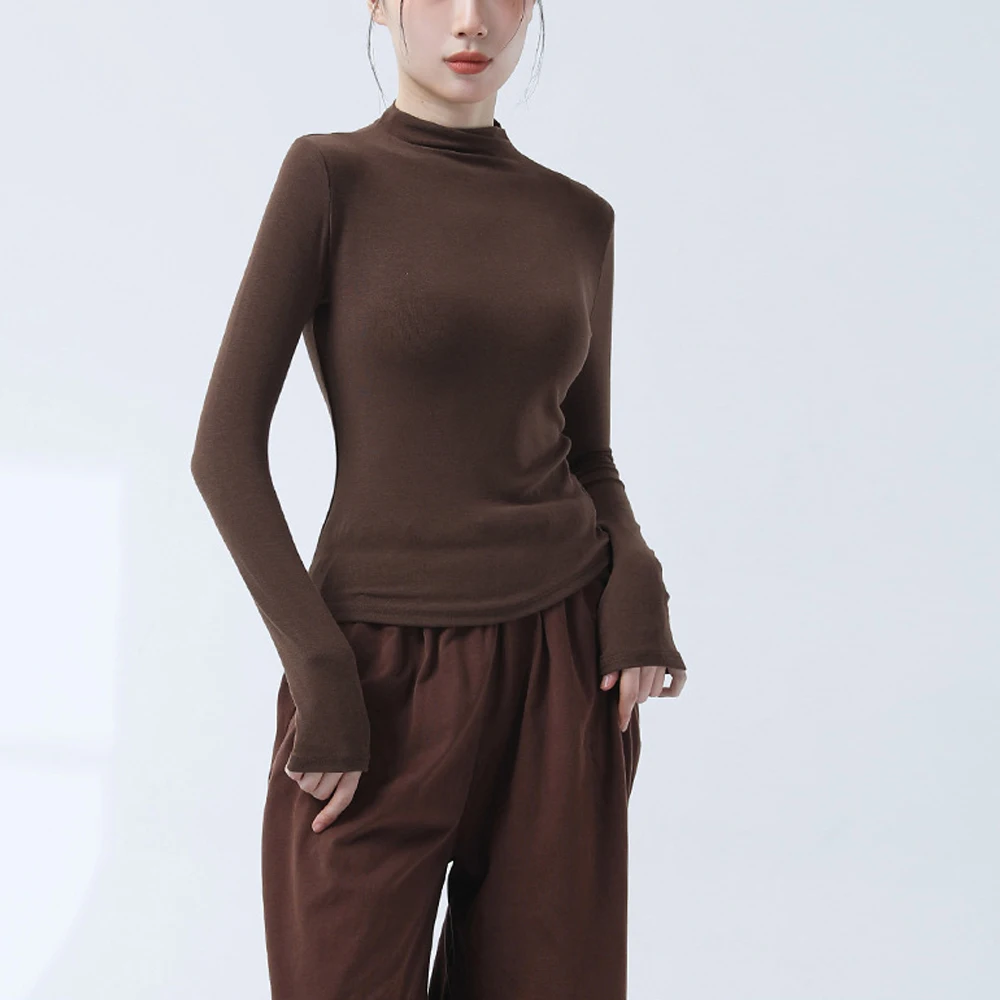 

Женская трикотажная тонкая футболка для современного танца, топы, спортивная рубашка для тренажерного зала, йоги, полувысокий воротник, рубашка с длинными рукавами, женские сексуальные эластичные футболки, топ для девочек