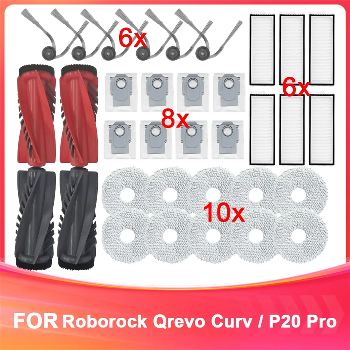 Комплект сменных аксессуаров для пылесоса Roborock Qrevo Curve/P20 Pro, основная щетка, боковая щетка, фильтр, швабра, мешок для пыли