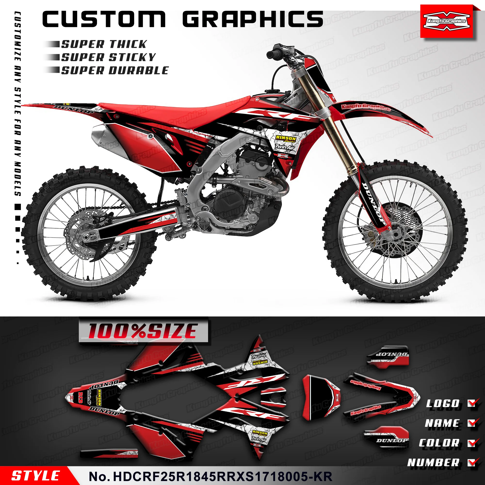 

KUNGFU GRAPHICS Graphics Kit Durable Vinyl for Honda CRF250R CRF450R 2017 2018 2019 2020 2021, HDCRF25R1845RRXS1718005-KR