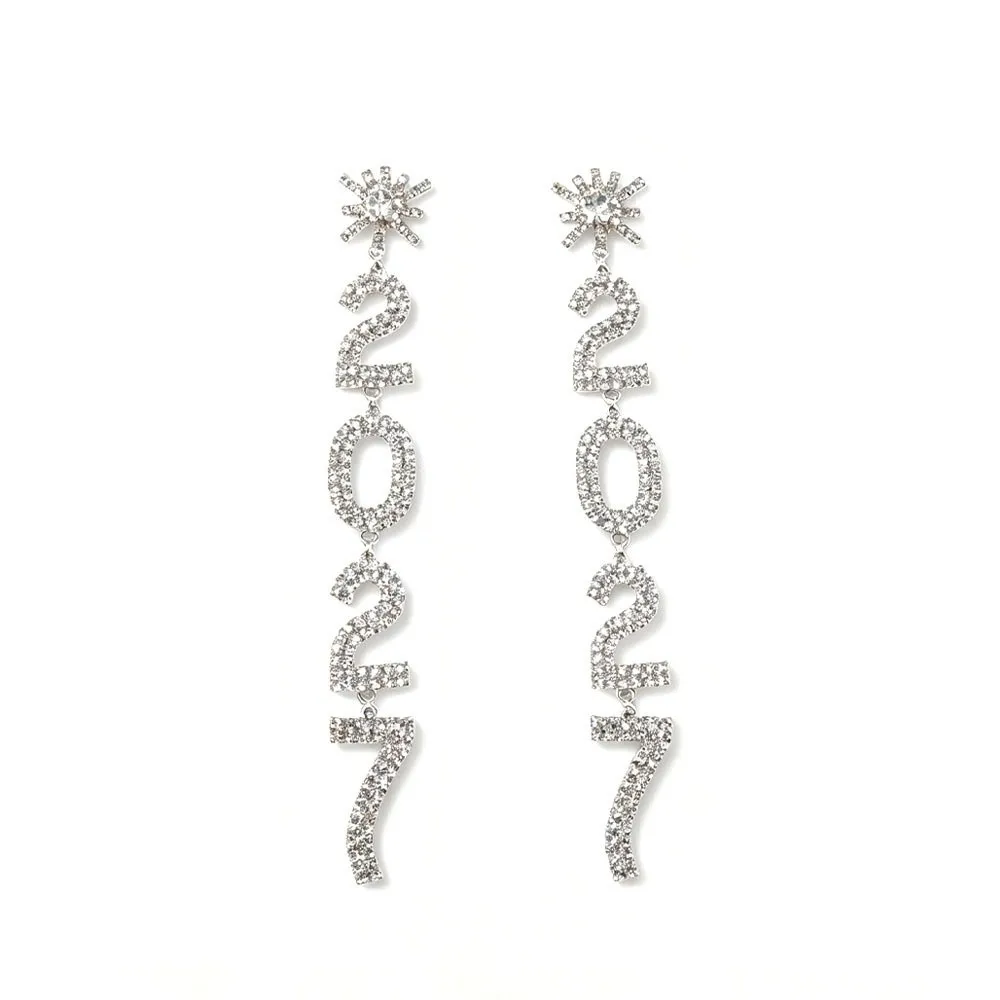 Elegant 2027 Digital Earrings Long Drop Rhinestone Happy New Year Earrings Shiny Love Heart Stud Earrings New Year Party