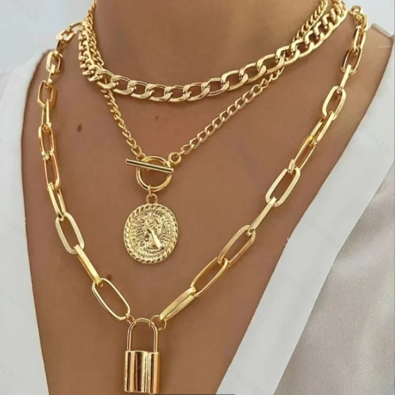 Multi Layered Necklace Layering Lock Pendant Suitable for Rock Enthusiasts To Wear At Concerts and Themed Gatherings Enhancing