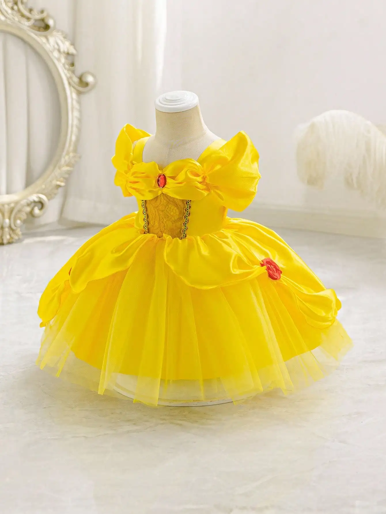 

Yellow Satin & Tulle Bow Dress for Girls, Floral Embellishment, Party & Holiday Wear