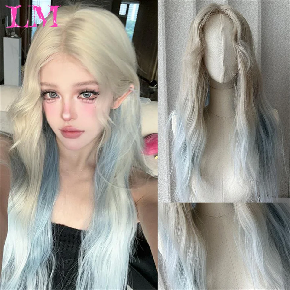 LM Synthetic Wigs Blonde White Highlight Dark Roots Synthetic Hair Wigs for Women Long Wavy Cosplay Wig Heat Resistant