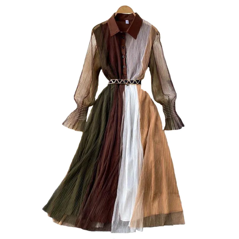 

2025 Spring Summer Fashion Contrast Color Patchwork Mesh Shirt Dress Women Long Sleeve Single Breasted Sashes Midi Vestidos