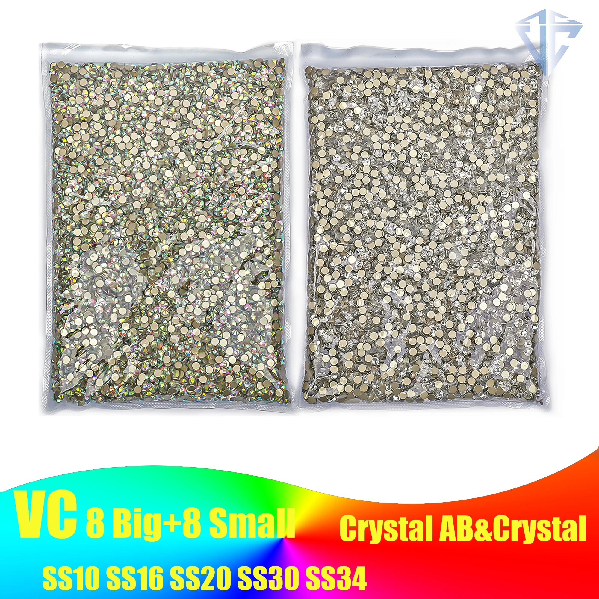 8Big+8Small SS10-SS34 Big Package Bulk 2088 Crystal AB Non Hot Fix Nail Art Rhinestone 16 Cuts Flatback Nail Rhinestone for DIY