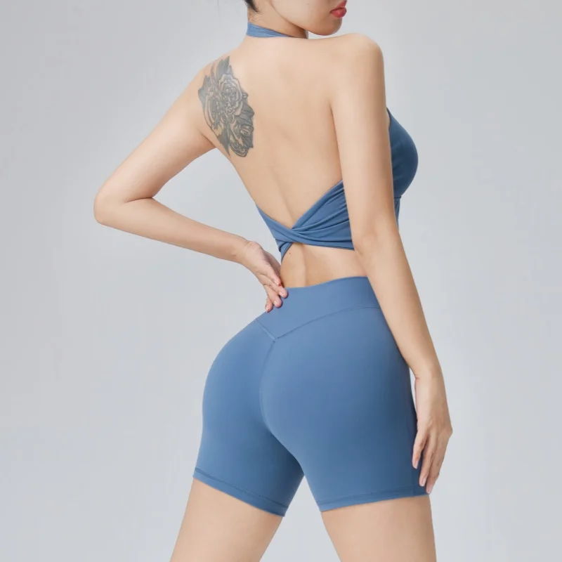 Einfarbiges, verdrehtes Yoga-Oberteil mit schöner Rückenpartie, Fitness-Shorts, Yoga-Set für Damen, Sport- und Laufbekleidung, Yoga-Kleidungsset – Detail 6