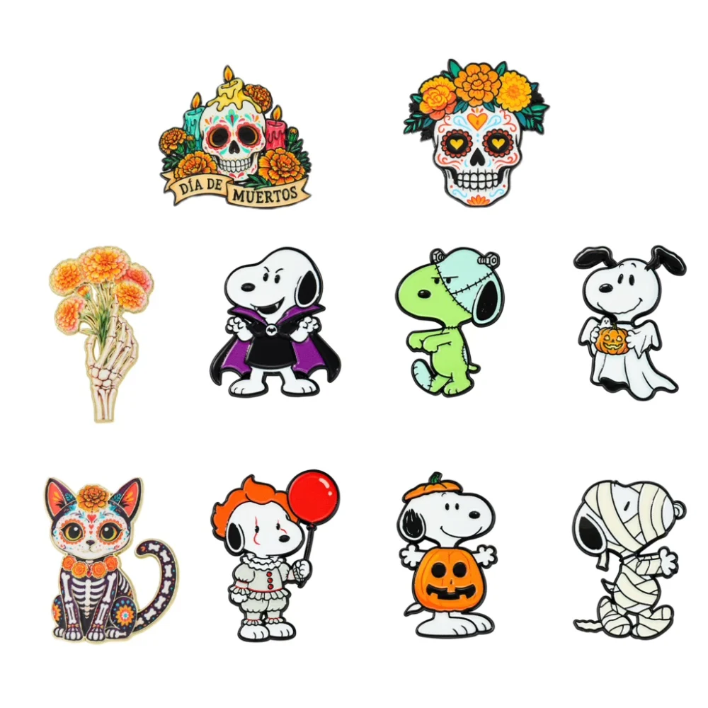 10PCS Mexico La Halloween enamel badges, cute animal dog brooch badges, witch mummies, vampire pumpkin badges, party gifts
