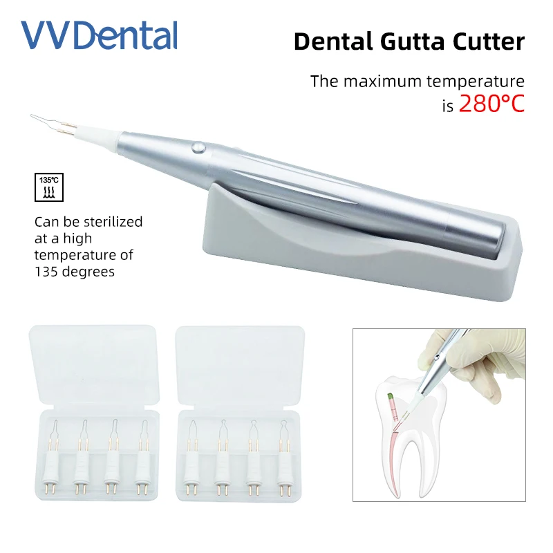 VVDENTAL Dental Glue Cutter Metal body Endodontic Gutta-Percha Cutter with 8 Tips Heating Filled Stick Dissolver Tools