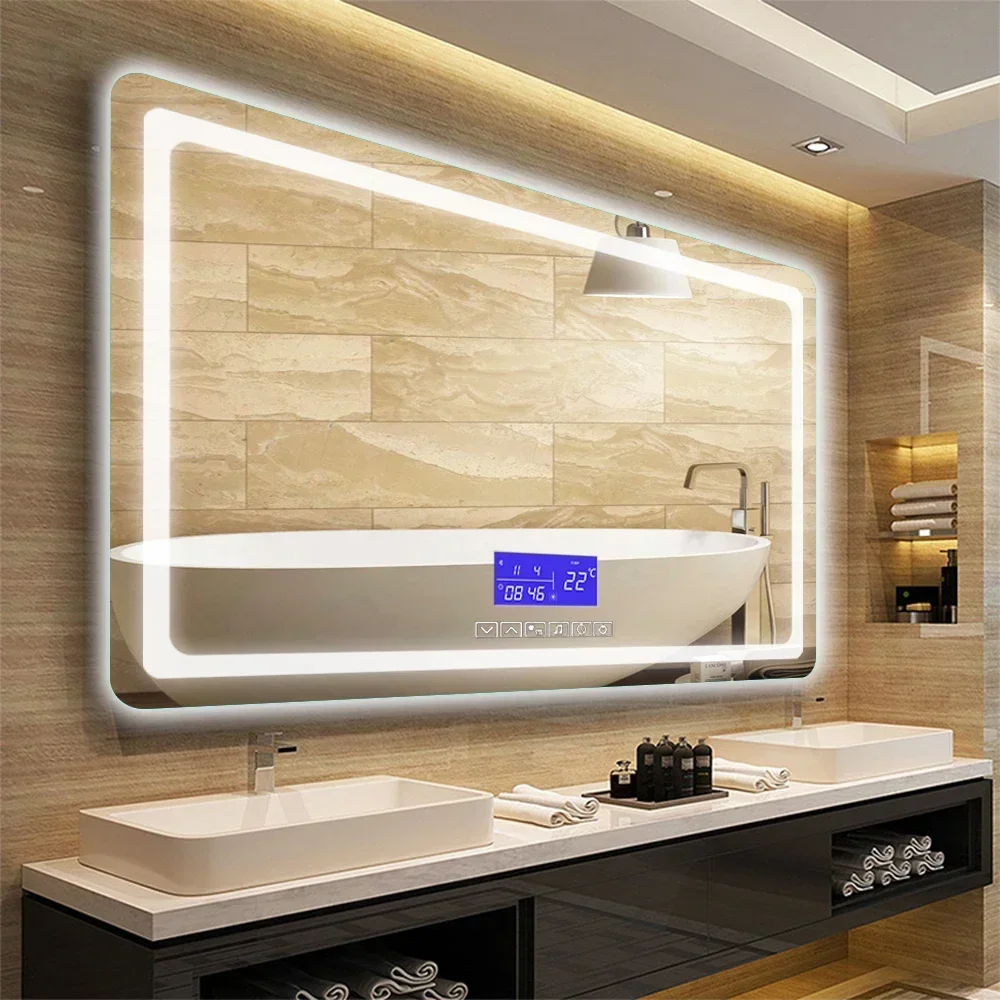 

High Quality Vanity LED Light Bathroom Mirror Smart Touch Screen Mirror with Blue_tooth Clock Temperature Display