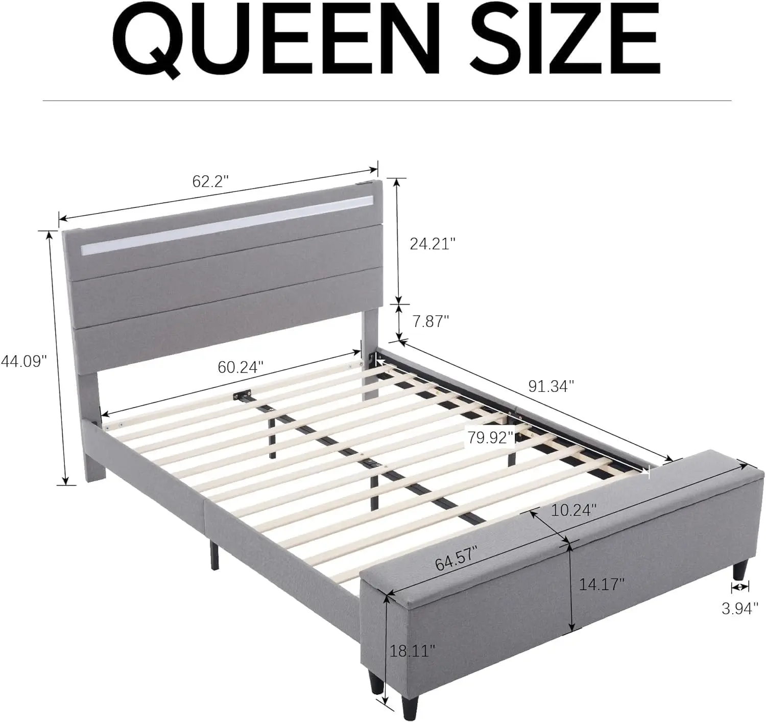 NEW Queen Size Bed Frame with Ottoman, Upholstered Headboard with LED Lights and USB Ports, Noise-Free Bed Frame,Grey