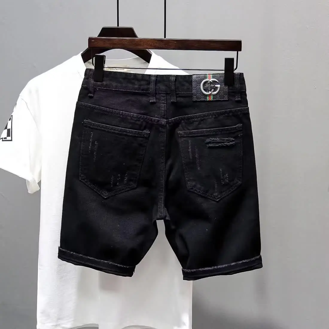 Summer Casual Men's Denim Shorts Korean Straight Washed Jeans Short Ins Ripped Cat Whisker Ink Splash Plaid Black Five-Pants