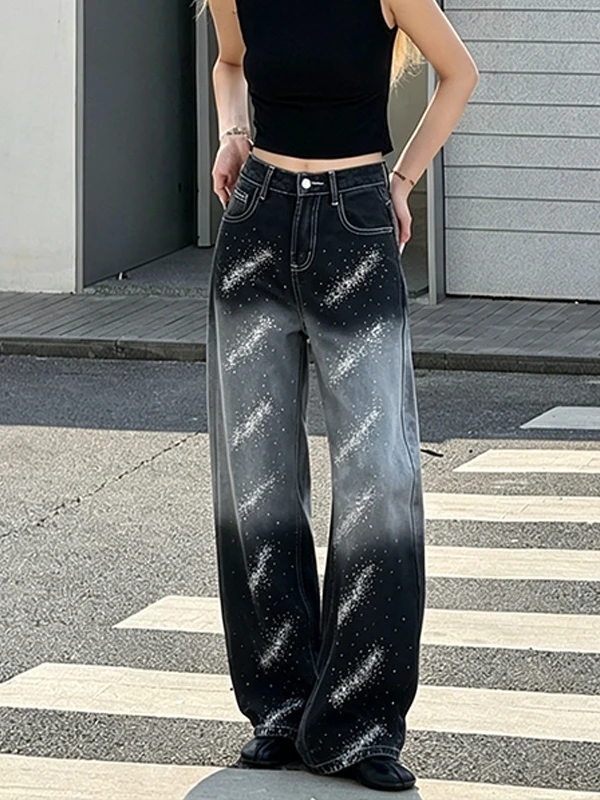 

High Waist Glitter Rhinestone Denim Pants Women's Summer New Vintage Fashion Versatile Wide Leg Jeans Design Sensation Gradie...