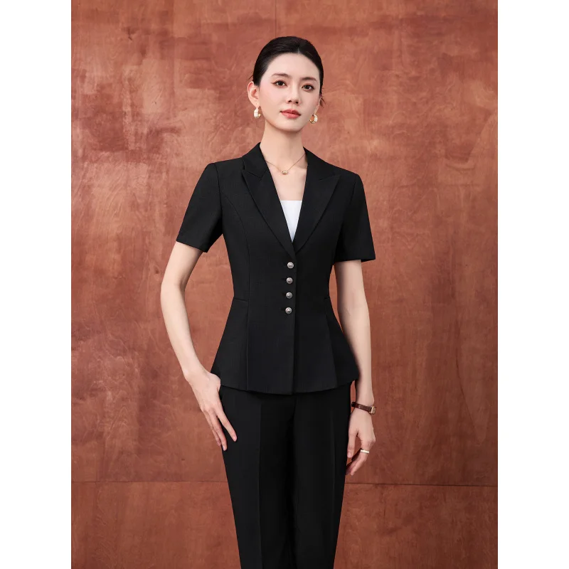 Gray professional women's suit, stylish and slim-fitting, high-end workwear for real estate sales offices and jewelry stores