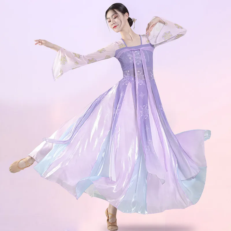 

Костюм для классического танца: шелковое платье, женский танцевальный костюм с пышной юбкой, тренировочный комплект в стиле Ханьфу, китайский наряд для выступлений.