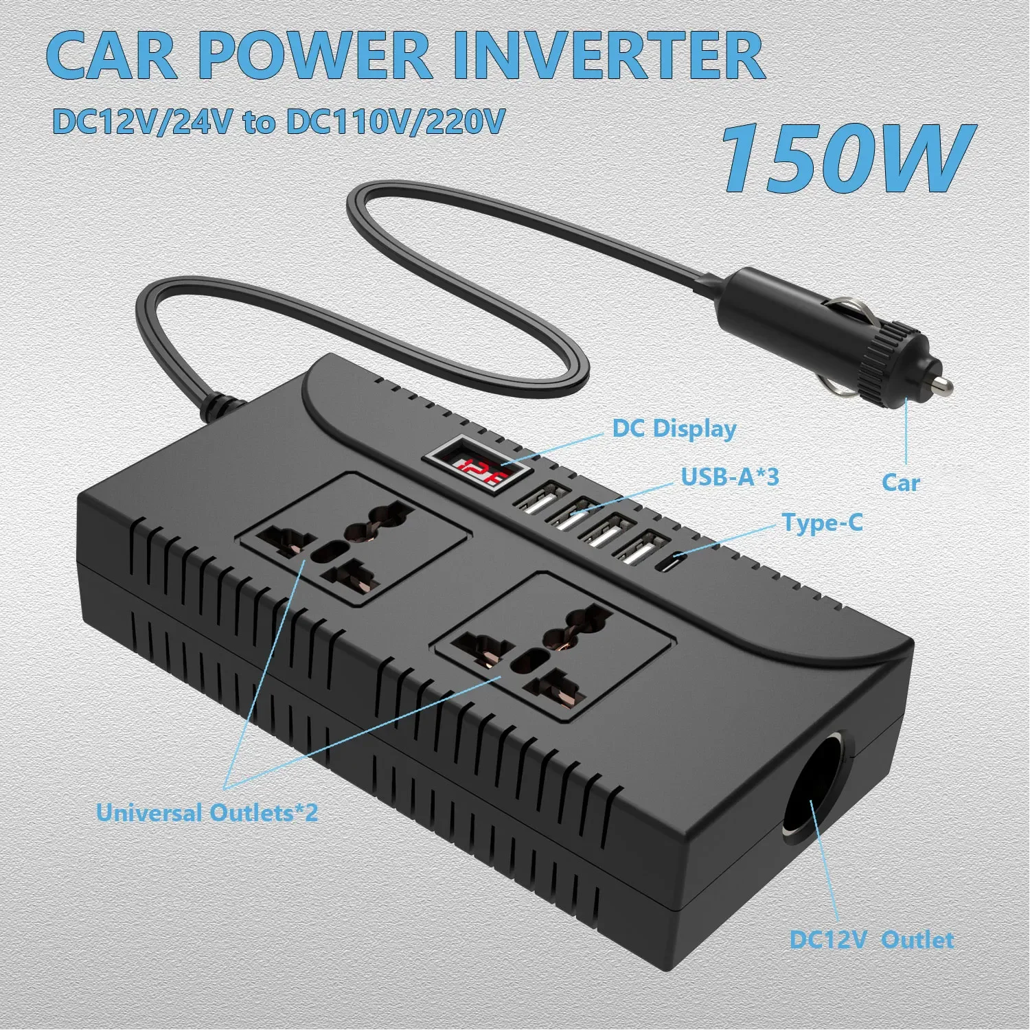 Portable 300W Car Power Inverter 12V/24V DC to 110V/220V AC Converter with 5 Charging Ports including Type C Fast Charging