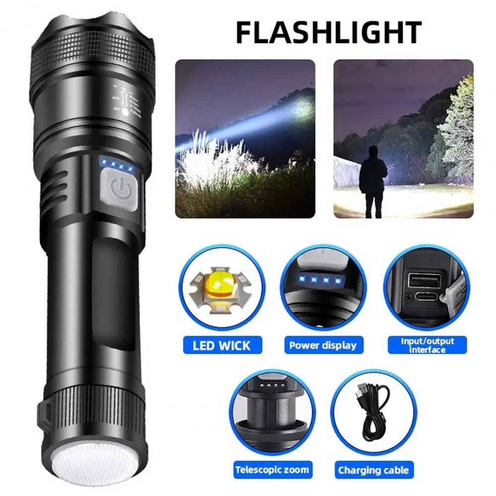 LED Torch High Lumens Super Bright Flashlight Rechargeable Waterproof Compact Size Portable Camping Flashlight With Tail Light