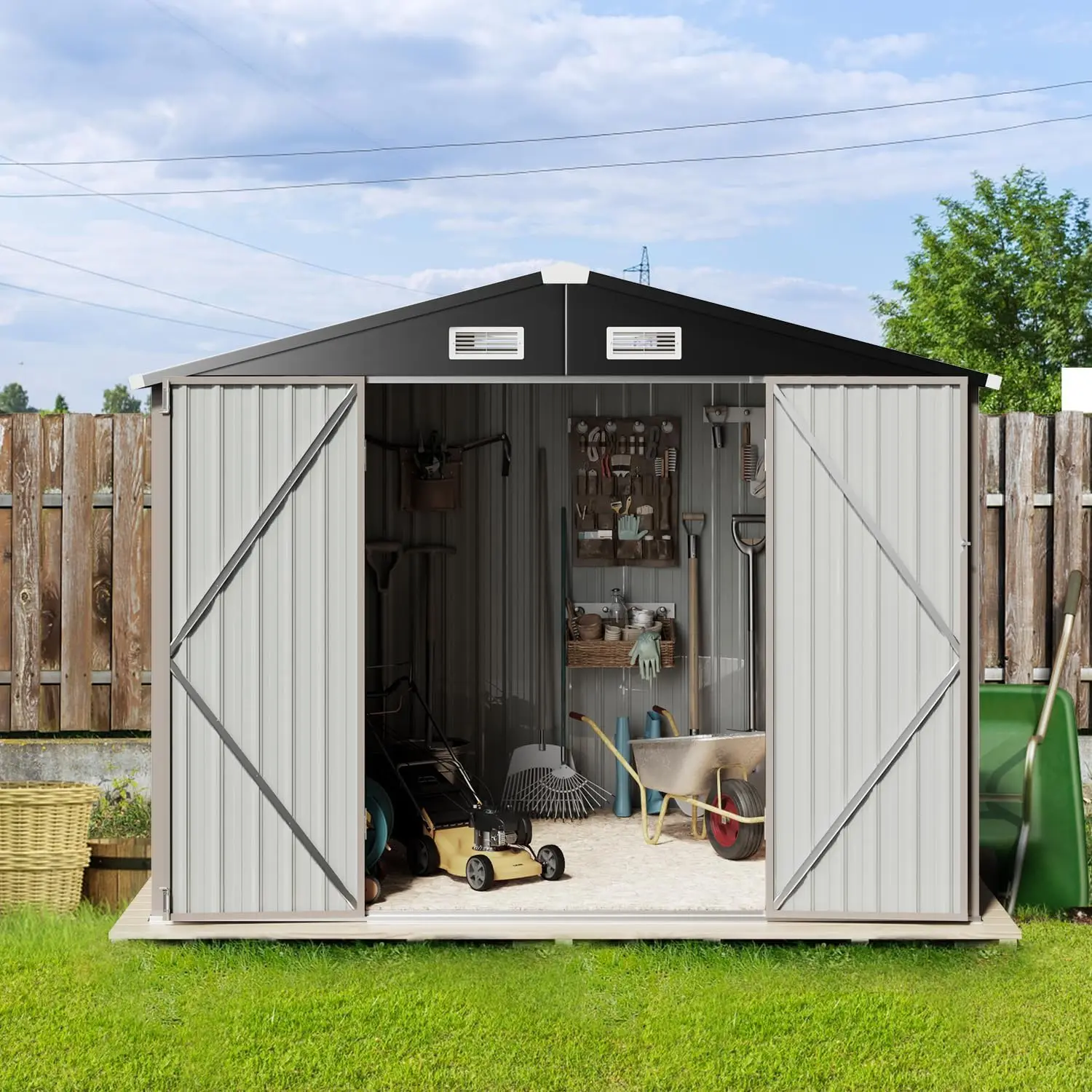 8.5FT x 5.6FT Outdoor Storage Shed, Steel Utility Tool Shed Storage House with Door & Lock, Metal Sheds Outdoor Storage