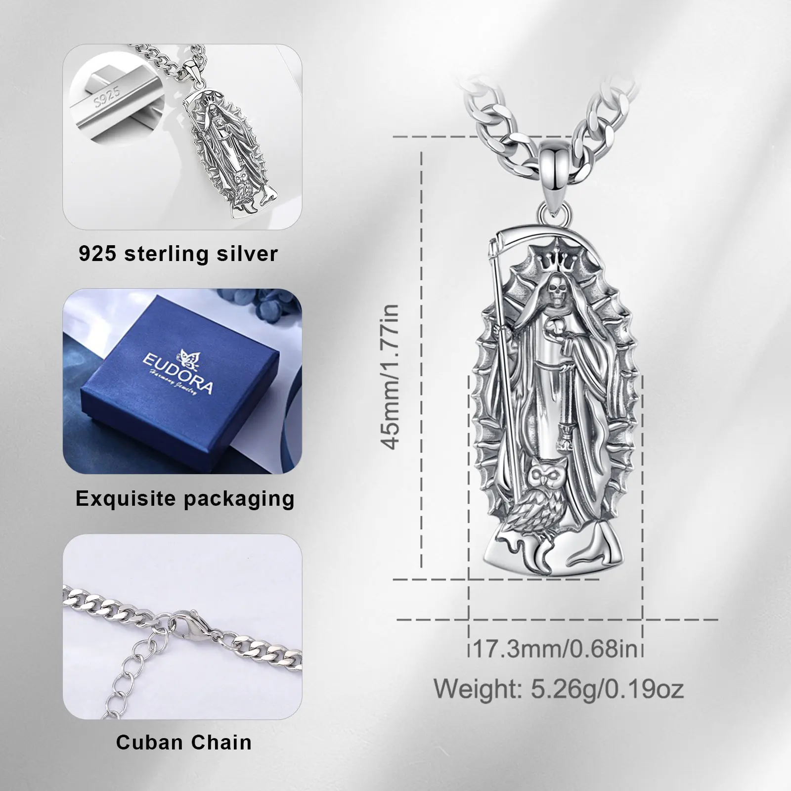 Eudora 925 Sterling Silver Santa Muerte Necklace Holy Death Scythe Mexican Pendant Fine Personality Jewelry for Women Man Gift