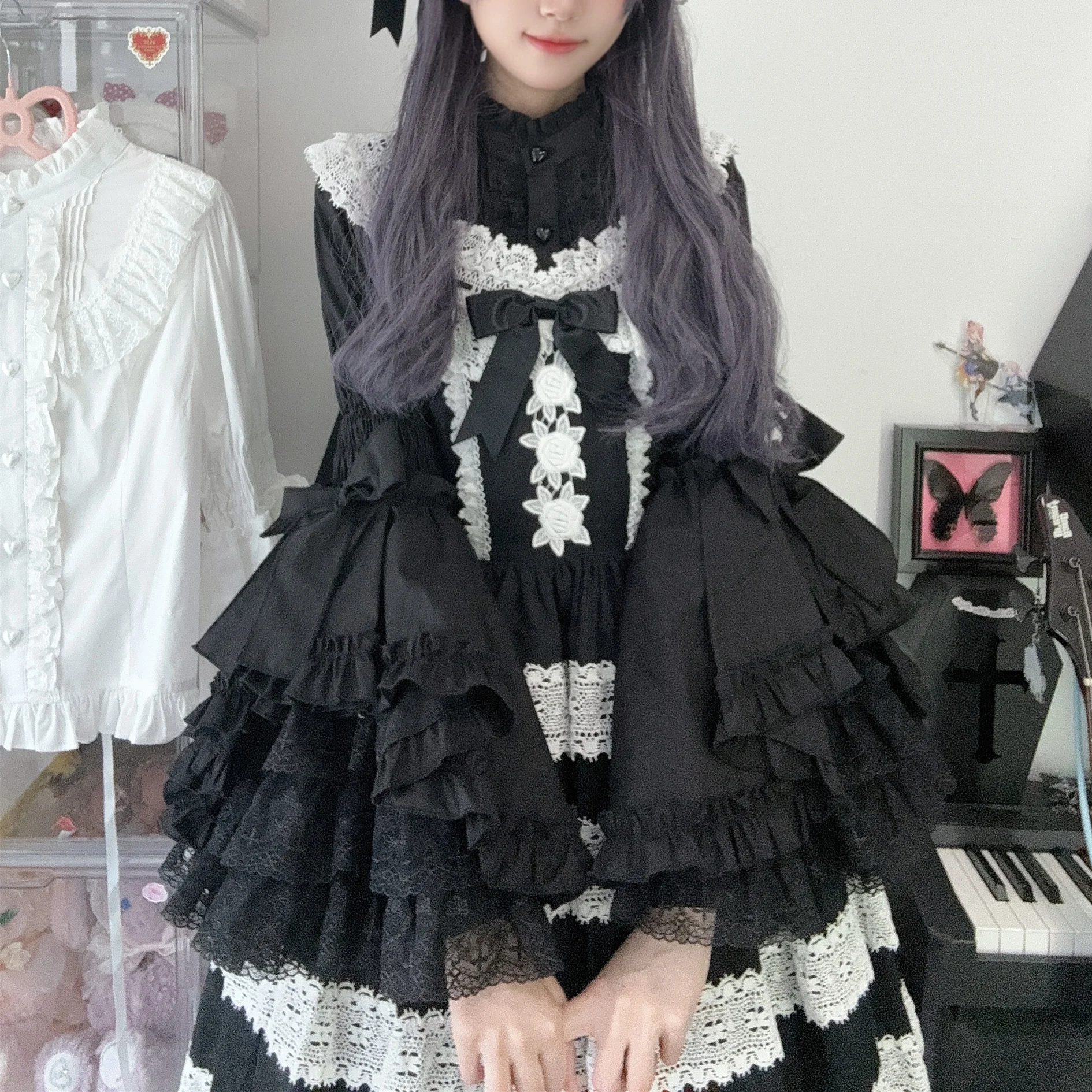 Elegant Sweet Lolita Stand Collar Cute Flare Sleeve Solid Color Versatile Shirt Girl Long Sleeve Lace Ruffles Heavy Industry Top