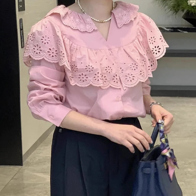 Chic Vintage Spring Long Sve Lace Collar Loose Splicing Hollow out Floral Pattern Women's irt Korean Sle Commute Faion