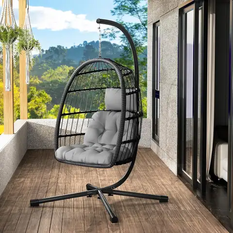 Egg Chair with Stand,Patio Rattan Wicker Hanging Swing Egg Chair Hammock Chair for Bedroom Porch Garden,Thickened Aluminum Alloy Steel Frame and UV Resistant Cushion