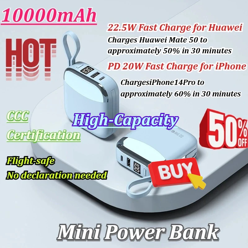 10000mAh Mini Power Bank 22.5W Fast Charge CCC Certified Portable External Battery for iPhone for Xiaomi for Huawei for Samsung