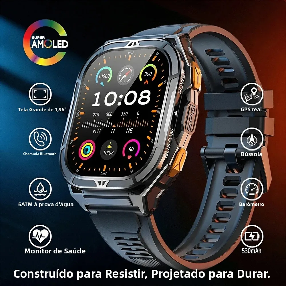 Smartwatch AMOLED de Luxo com GPS Real, Resistente à Água 5ATM, Monitor de Fitness e Saúde para Homens, Compatível com iOS e Android