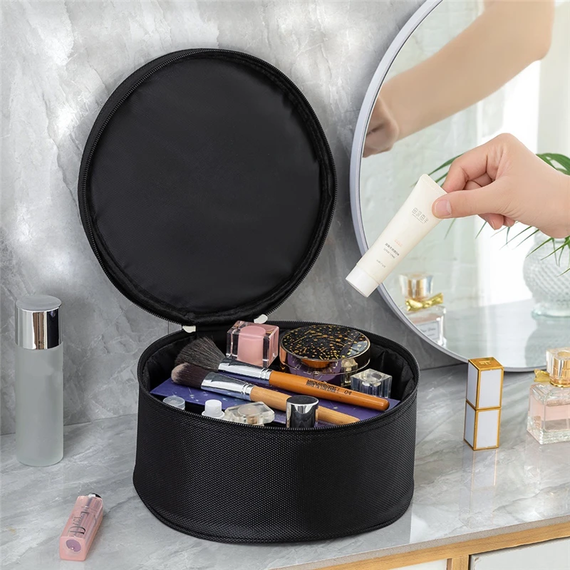 Round Waterproof Cosmetic Bag Women Large Capacity Travel Organizer Black Zipper Female Makeup Wash Pouch Toiletry Beauty Case