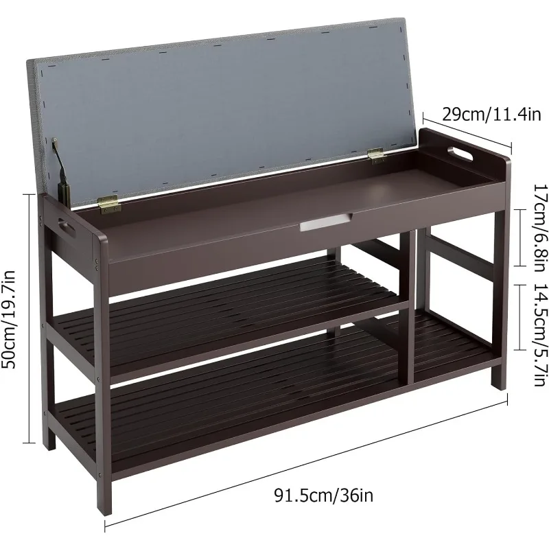 Entryway Storage Bench with Padded Cushion, Bamboo Shoe Rack with Flip Top for Entryway, Mudroom