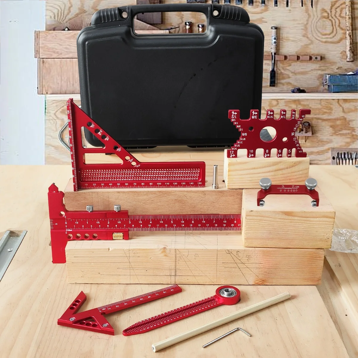 7Pcs Aluminum Alloy Woodworking Marking Ruler Kit with Box, Precision Carpenter Layout Wood Scribing Measuring Tools